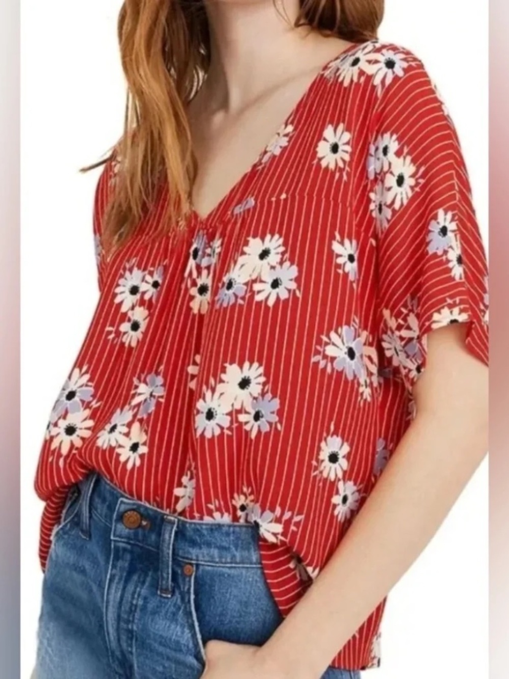 LIKE NEW! Women's Maxwell Red Striped Boho Floral 3/4 Top - XS